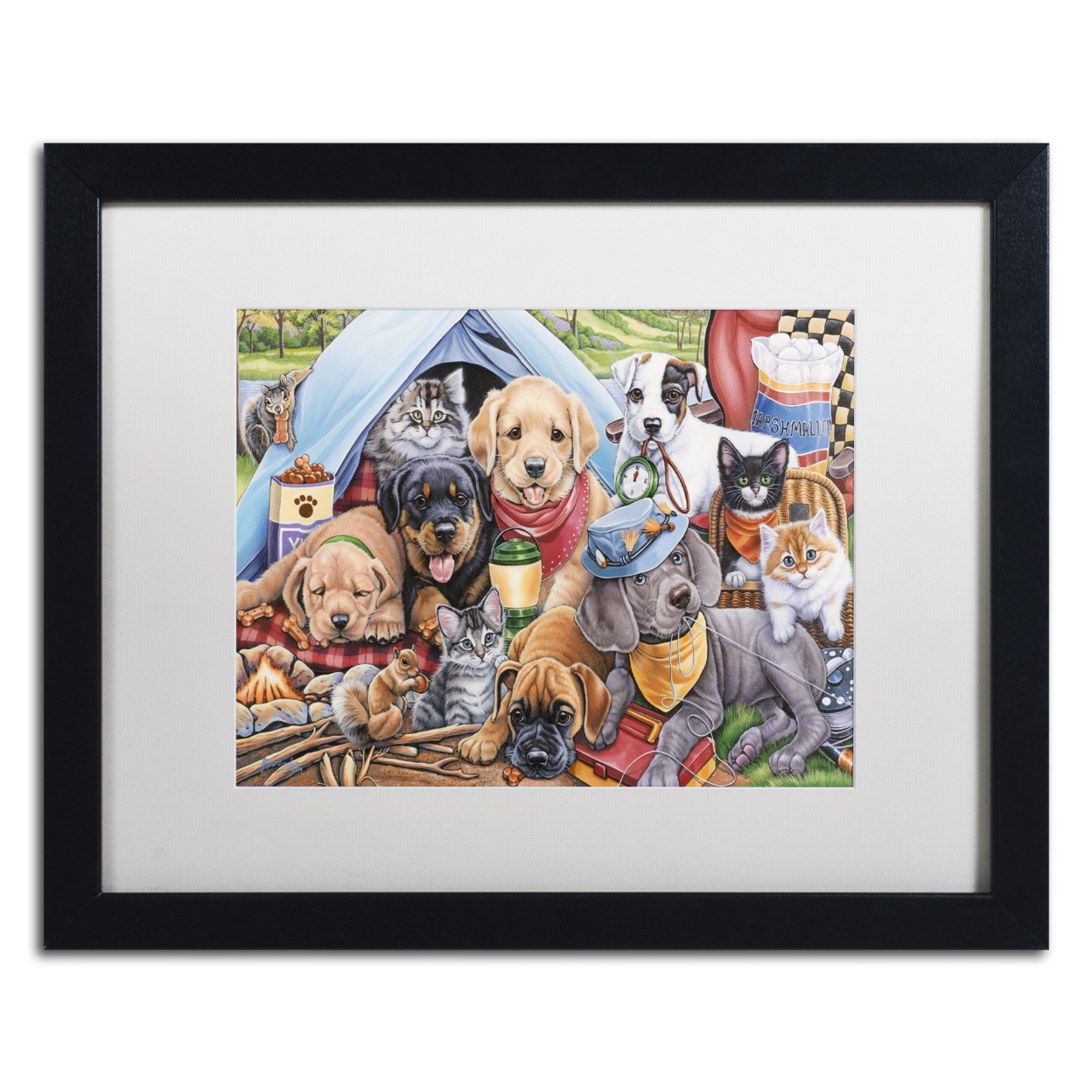 Jenny Newland 'Camping Buddies' Black Wooden Framed Art 18 X 22 Inches