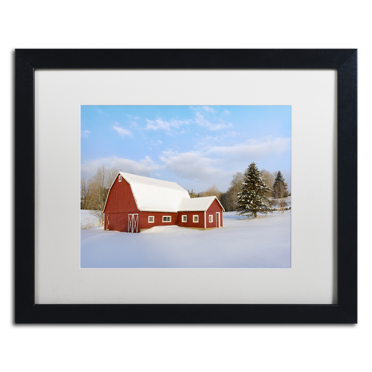 Michael Blanchette Photography 'Red Barn In Snow' Black Wooden Framed Art 18 X 22 Inches