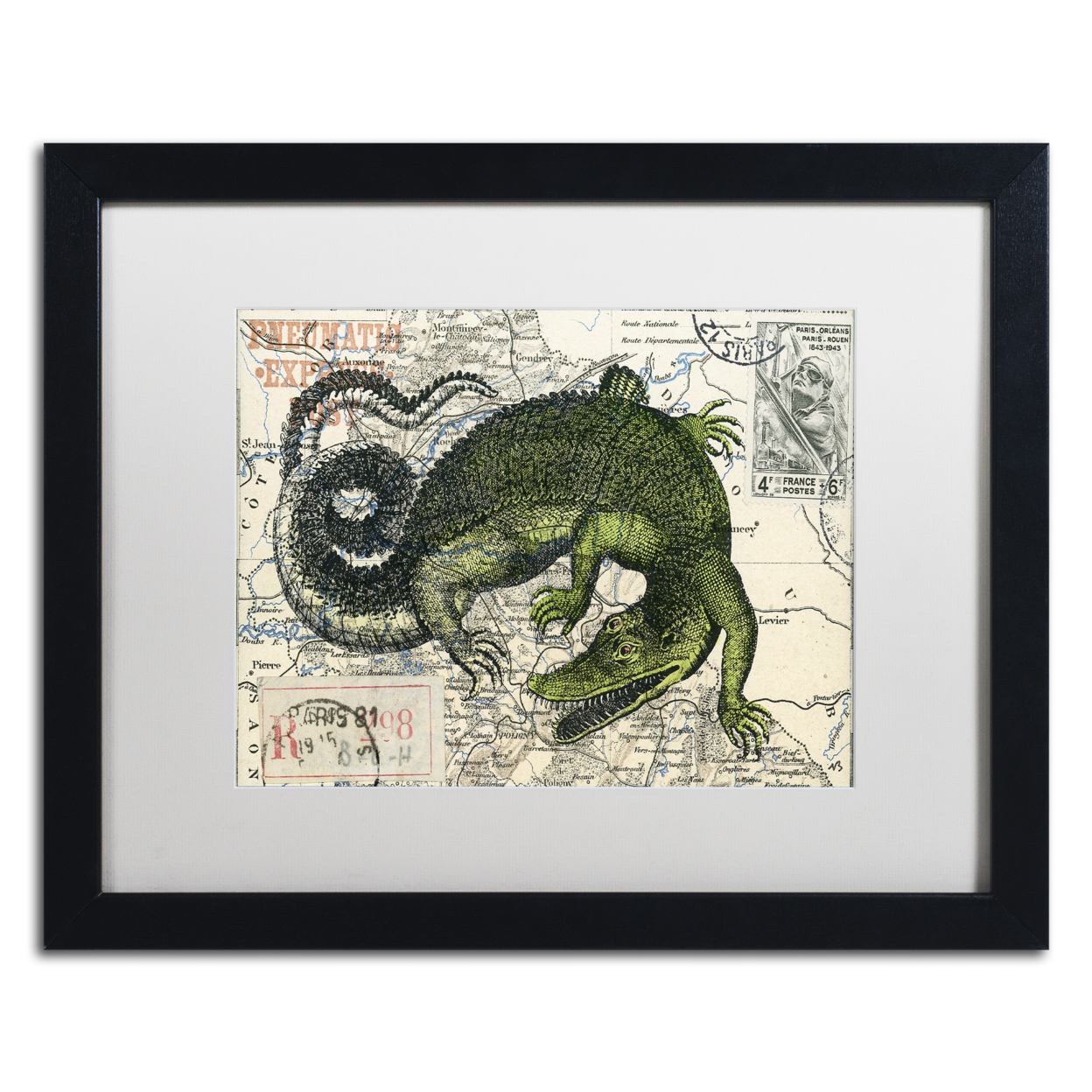 Nick Bantock 'Croc Map' Black Wooden Framed Art 18 X 22 Inches