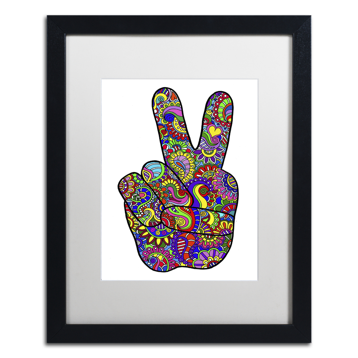Kathy G. Ahrens 'Psychedelic Mehndi Peace Sign' Black Wooden Framed Art 18 X 22 Inches