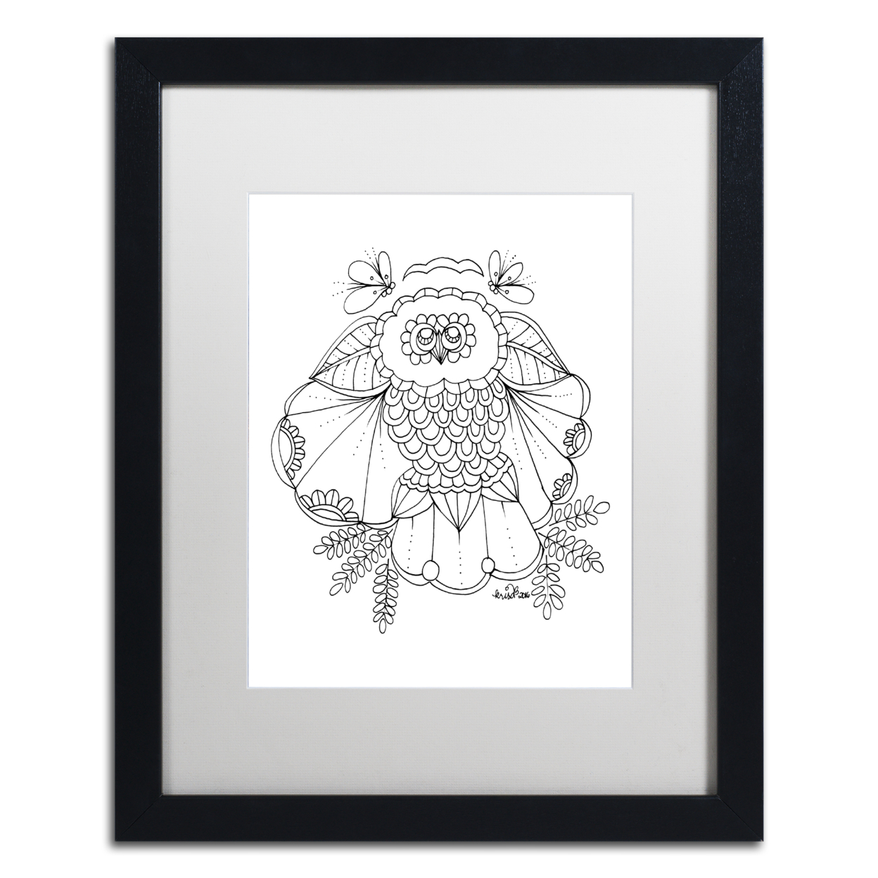 KCDoodleArt 'Flower Owl' Black Wooden Framed Art 18 X 22 Inches