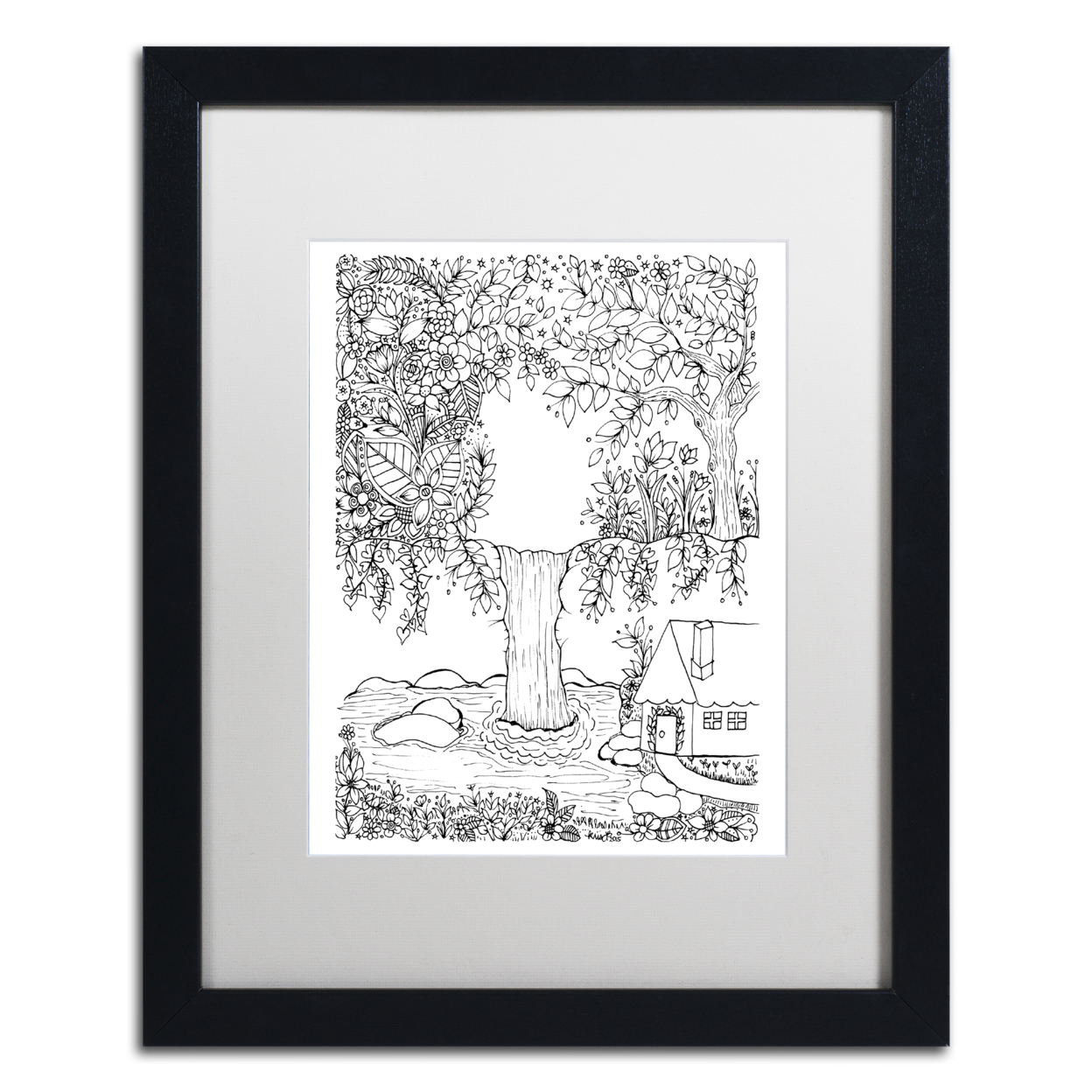 KCDoodleArt 'Waterfall Doodle' Black Wooden Framed Art 18 X 22 Inches