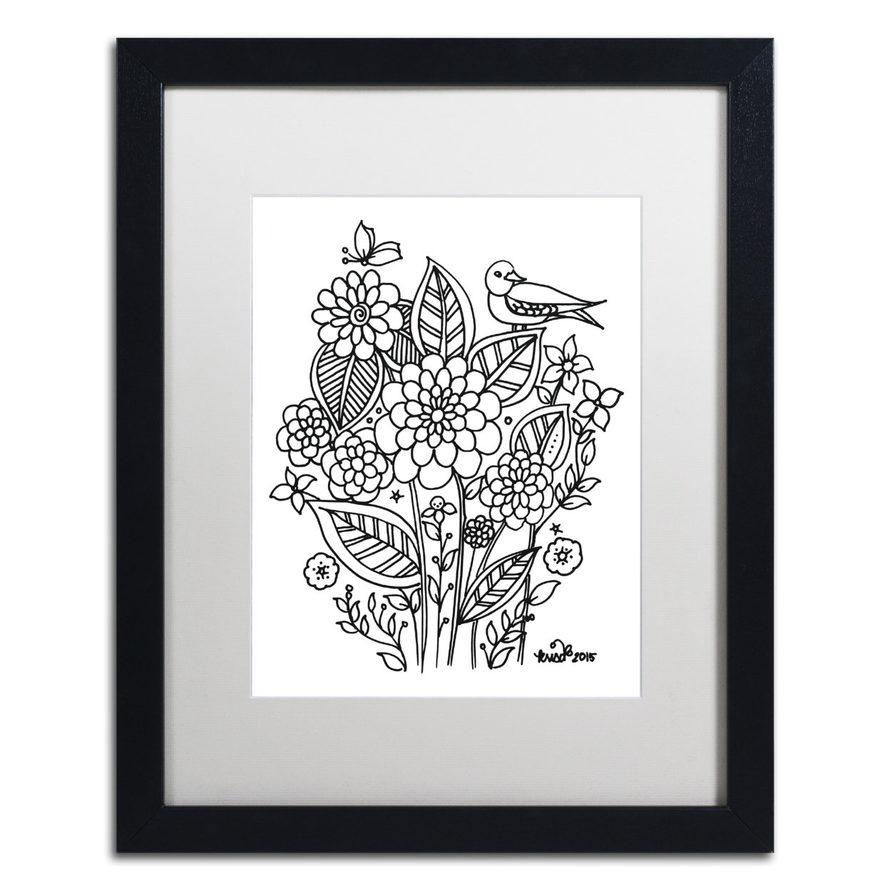 KCDoodleArt 'Flower Design 3' Black Wooden Framed Art 18 X 22 Inches