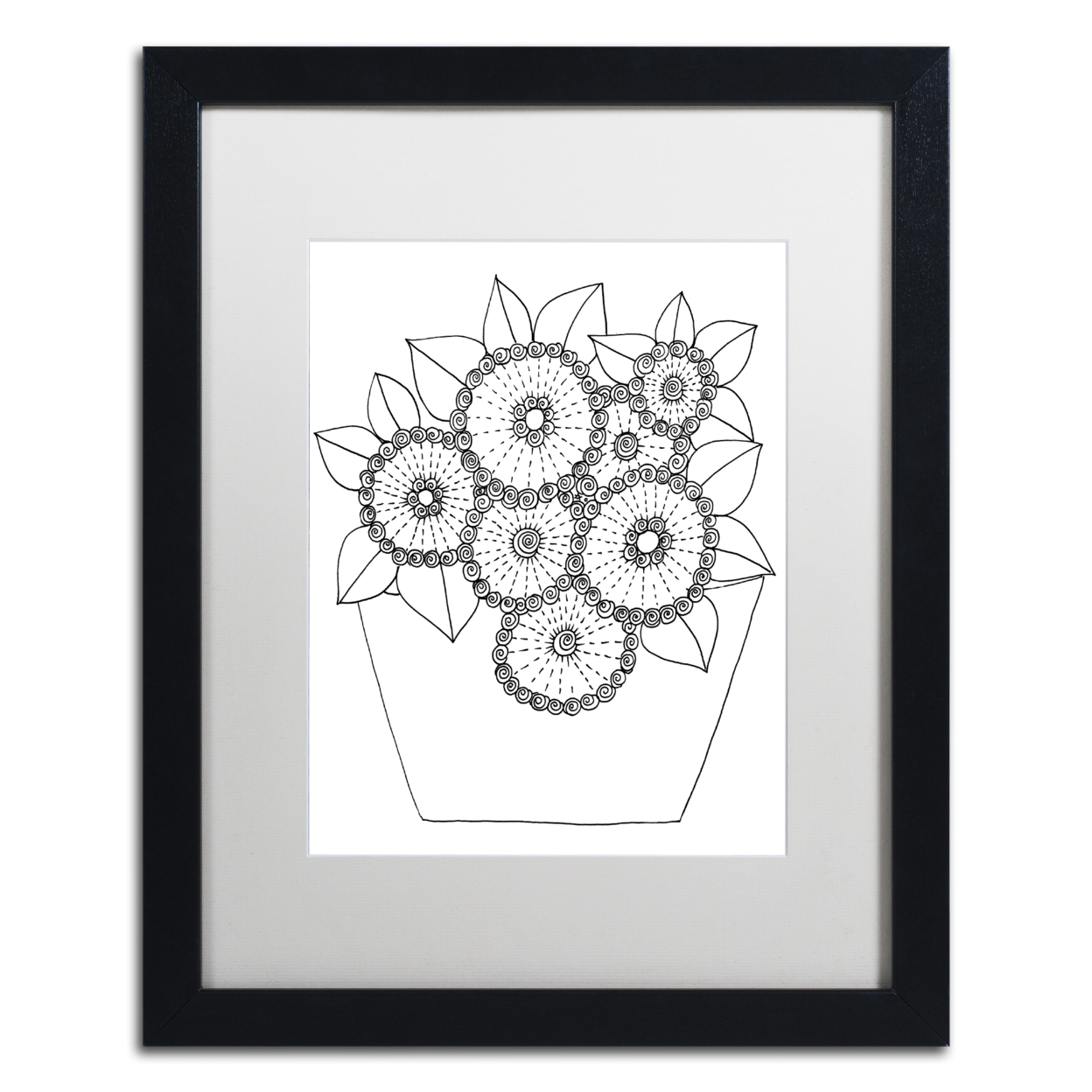KCDoodleArt 'Flowers In A Pot' Black Wooden Framed Art 18 X 22 Inches