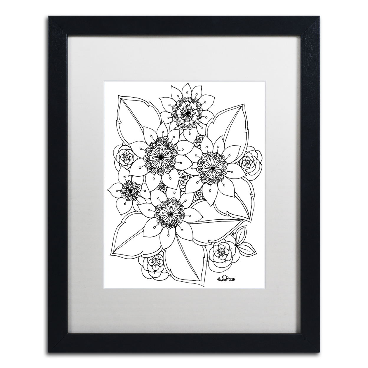 KCDoodleArt 'Flower Design 4' Black Wooden Framed Art 18 X 22 Inches