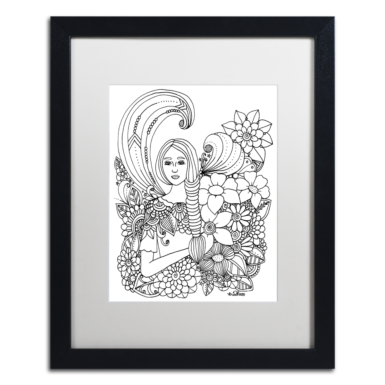 KCDoodleArt 'Flower Girls 14' Black Wooden Framed Art 18 X 22 Inches