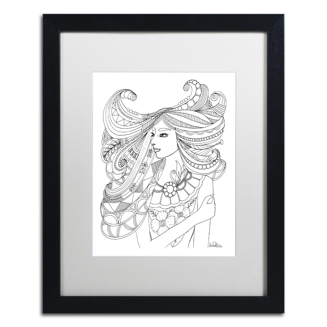 KCDoodleArt 'Flower Girls 21' Black Wooden Framed Art 18 X 22 Inches