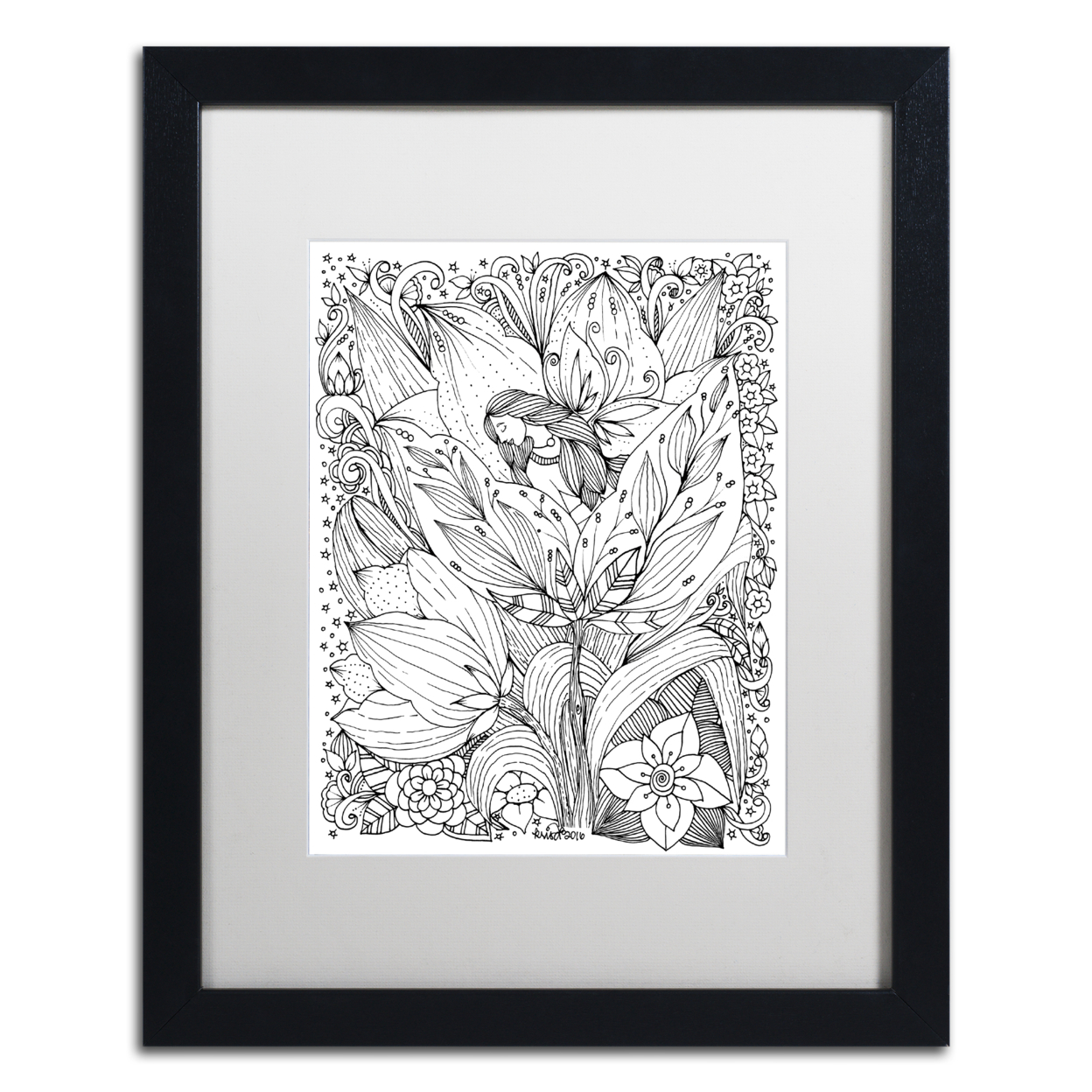 KCDoodleArt 'Fairies And Woodland Creatures 3' Black Wooden Framed Art 18 X 22 Inches