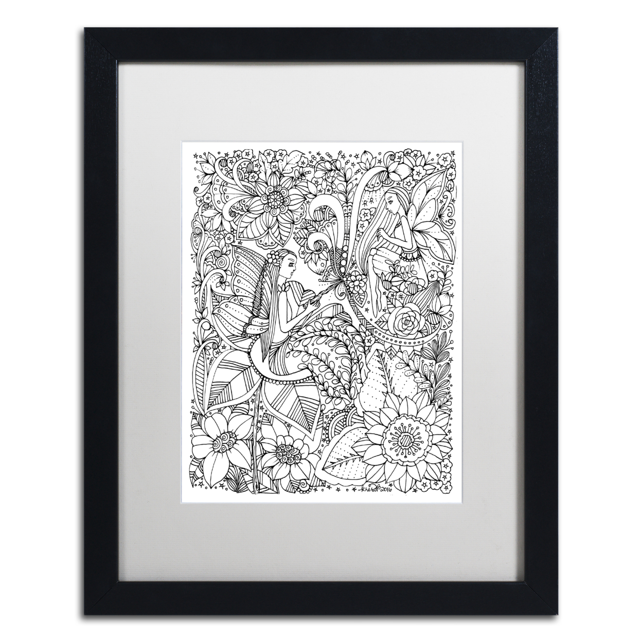 KCDoodleArt 'Fairies And Woodland Creatures 4' Black Wooden Framed Art 18 X 22 Inches