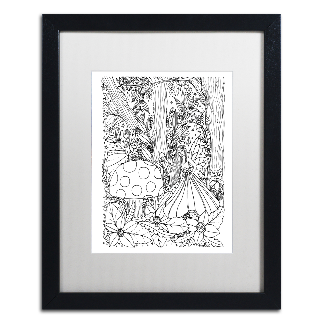 KCDoodleArt 'Fairies And Woodland Creatures 5' Black Wooden Framed Art 18 X 22 Inches
