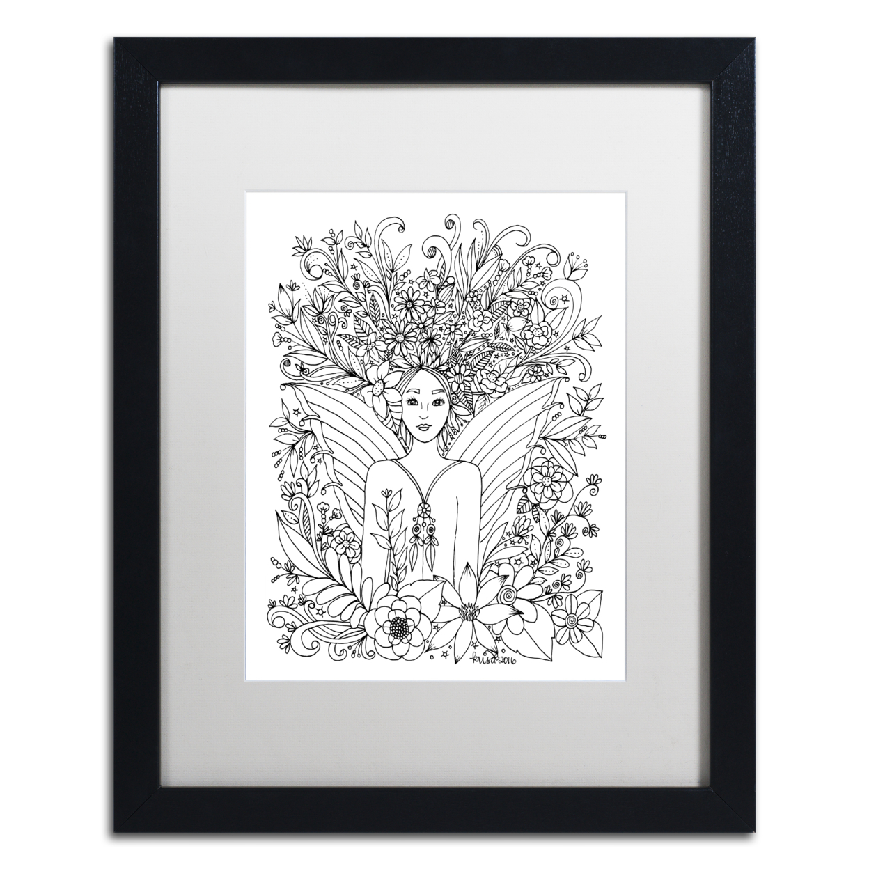 KCDoodleArt 'Fairies And Woodland Creatures 18' Black Wooden Framed Art 18 X 22 Inches