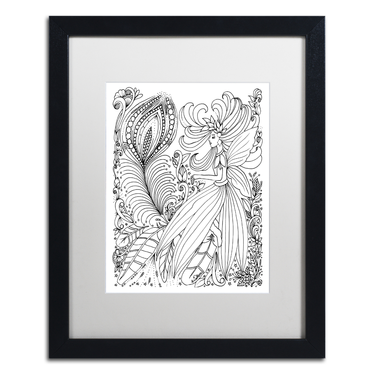 KCDoodleArt 'Fairies And Woodland Creatures 15' Black Wooden Framed Art 18 X 22 Inches