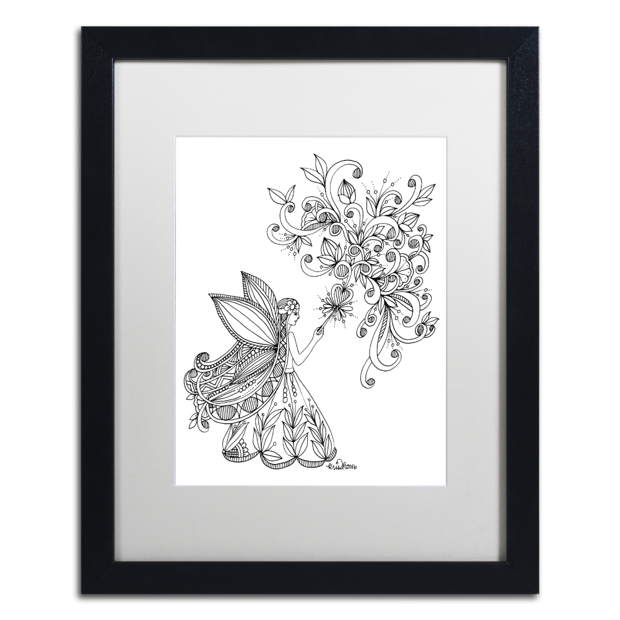 KCDoodleArt 'Fairies And Woodland Creatures 25' Black Wooden Framed Art 18 X 22 Inches