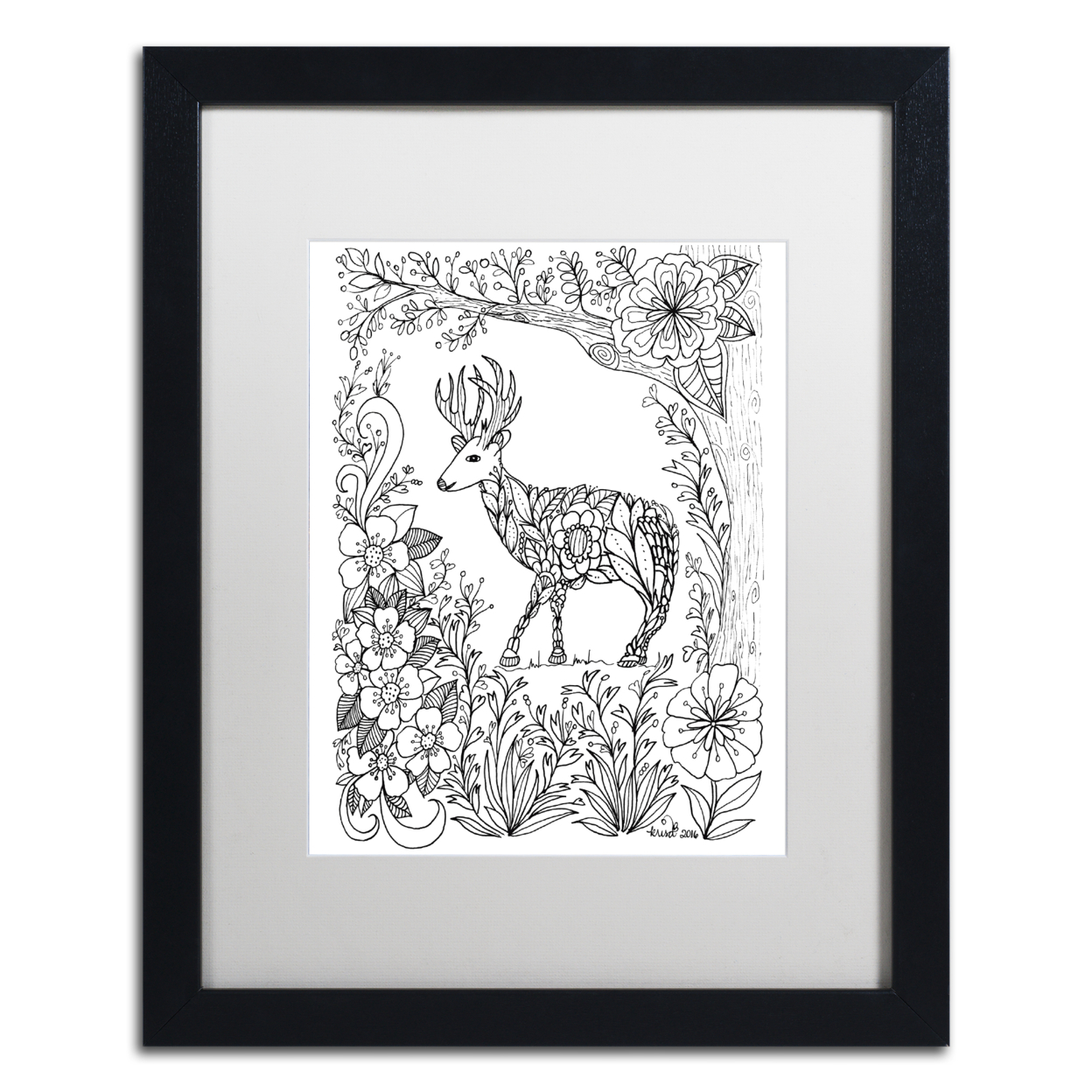 KCDoodleArt 'Fairies And Woodland Creatures 29' Black Wooden Framed Art 18 X 22 Inches