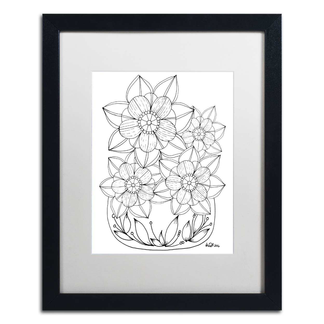 KCDoodleArt 'Flower Design 5' Black Wooden Framed Art 18 X 22 Inches
