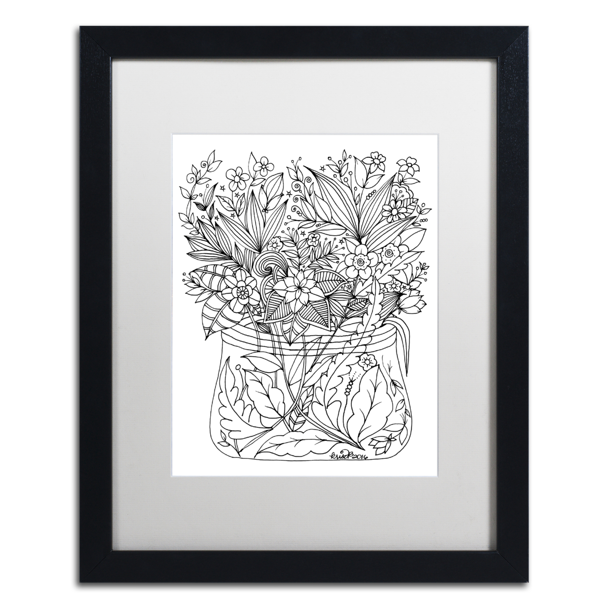 KCDoodleArt 'Flower Design 6' Black Wooden Framed Art 18 X 22 Inches