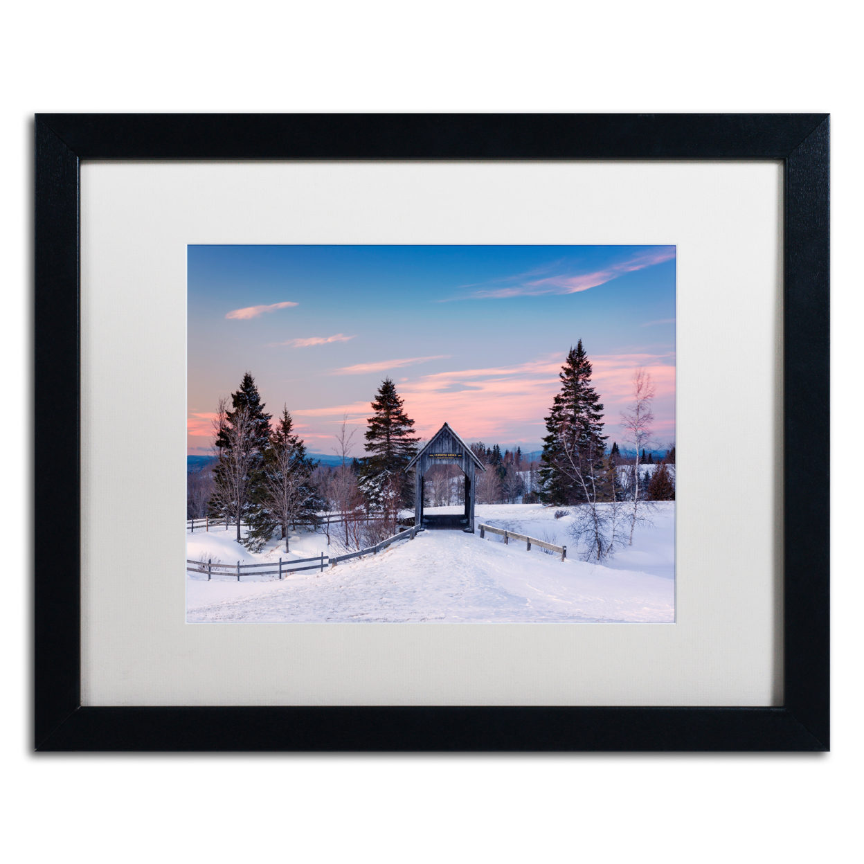 Michael Blanchette Photography 'Snow At The Bridge' Black Wooden Framed Art 18 X 22 Inches