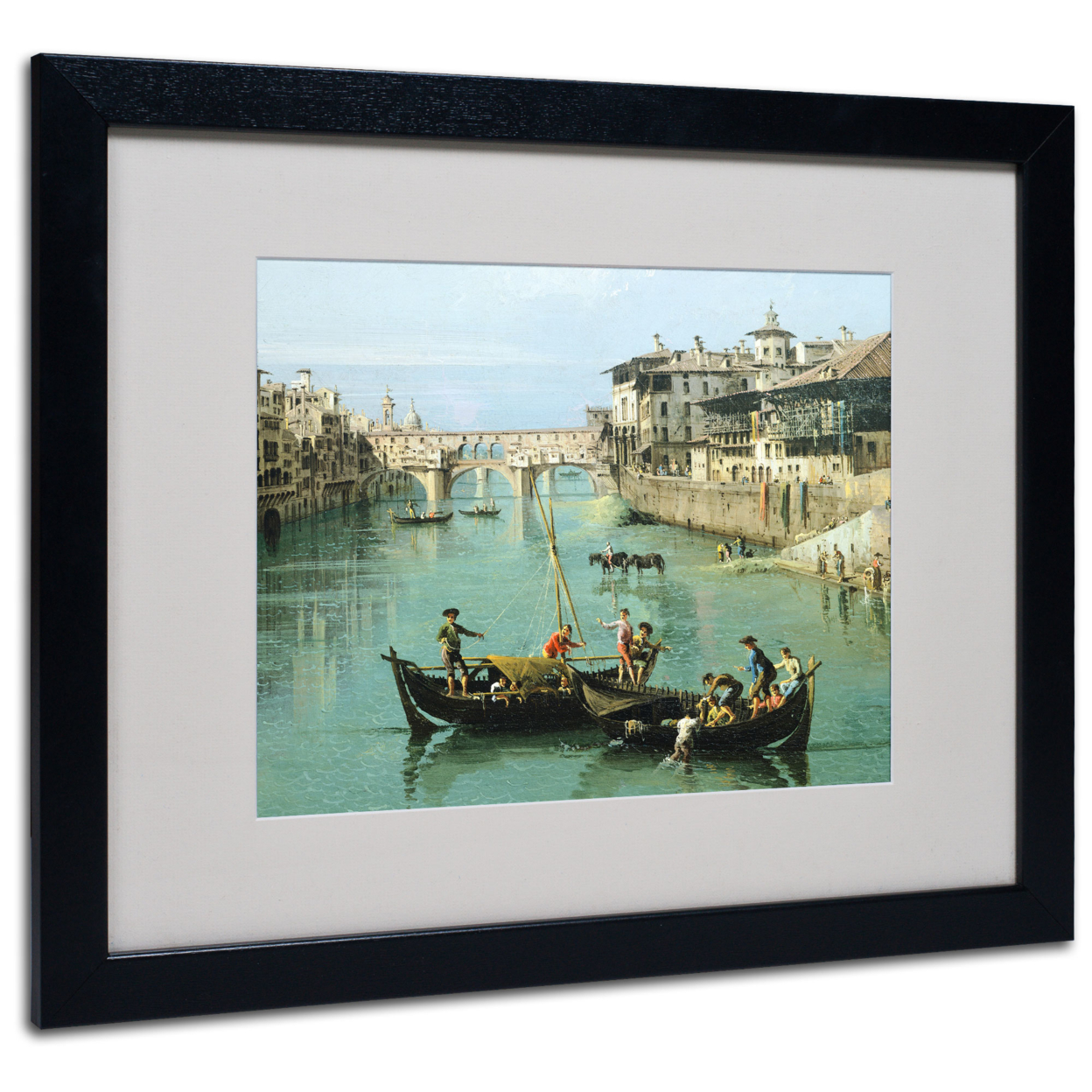 Canaletto 'Arno River And Ponte Vecchio' Black Wooden Framed Art 18 X 22 Inches