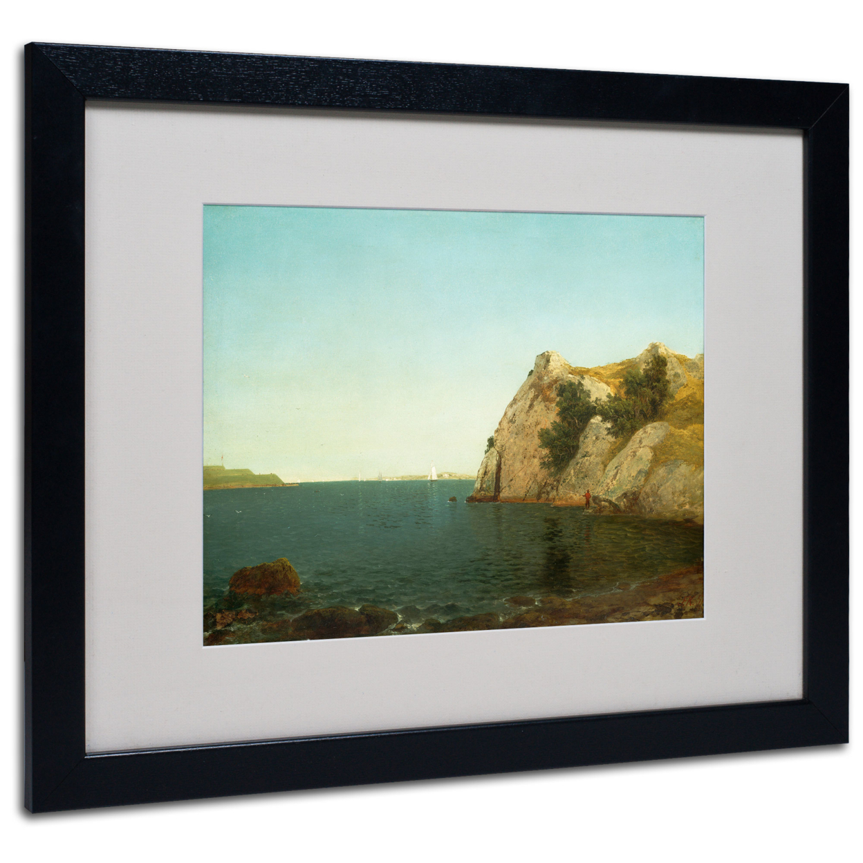 John Kensett 'Beacon Rock Newport Harbour' Black Wooden Framed Art 18 X 22 Inches
