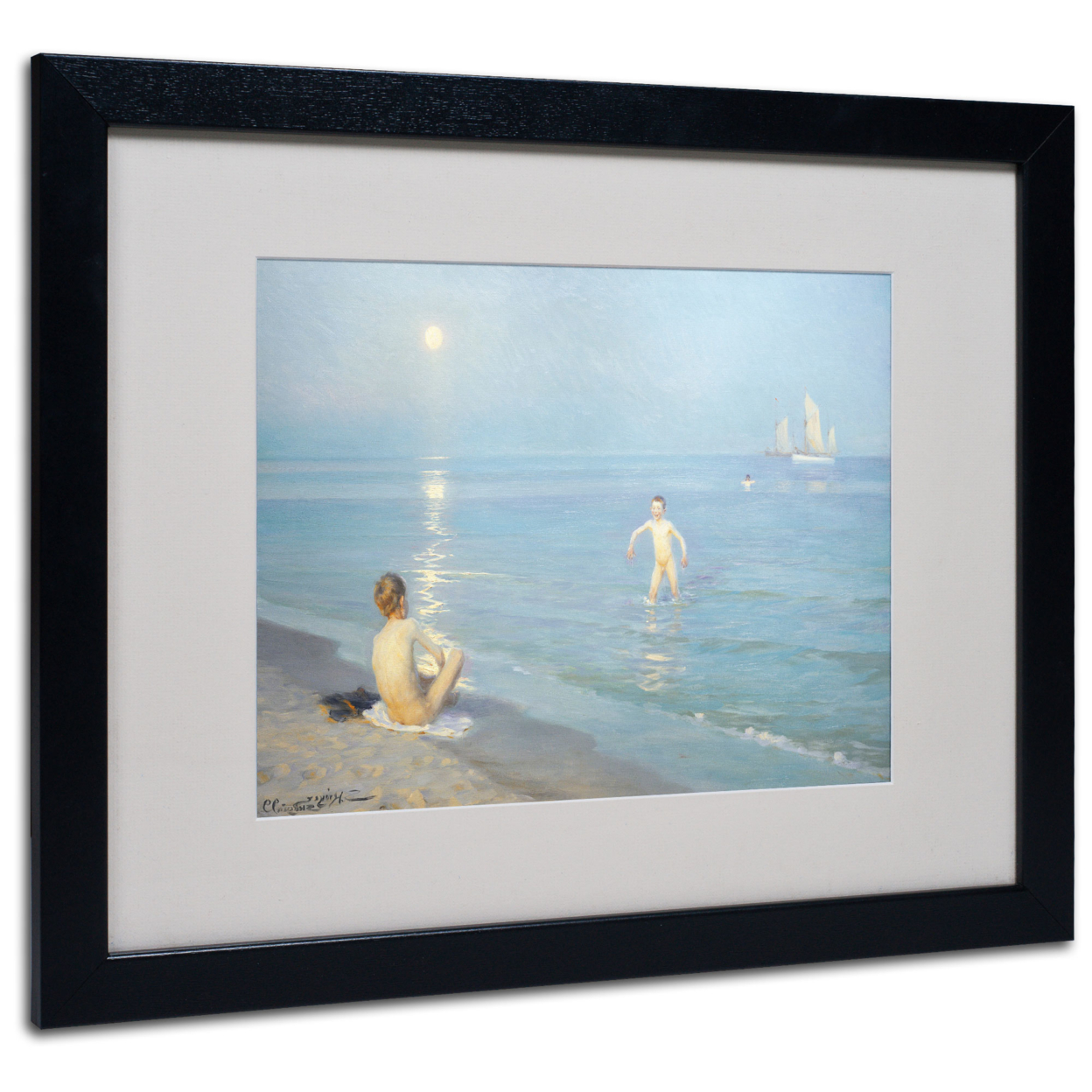 Boys On The Seashore In A Summer Night' Black Wooden Framed Art 18 X 22 Inches