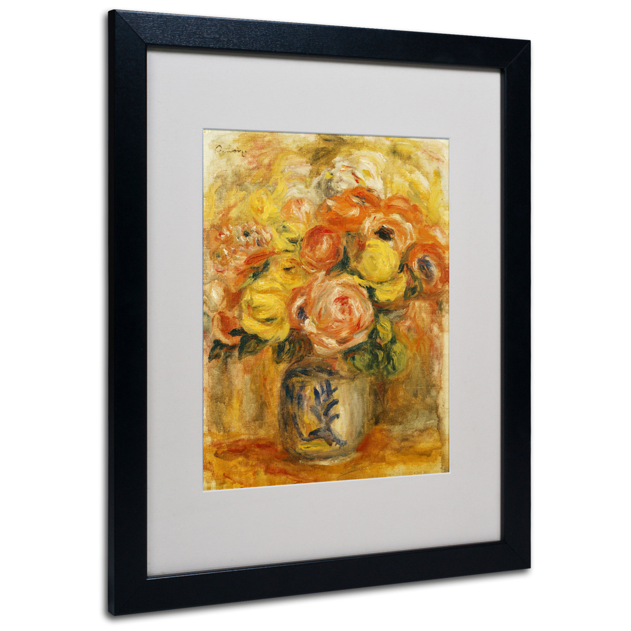 Pierre Renoir 'Fleurs Dans Un Vase Bleu' Black Wooden Framed Art 18 X 22 Inches