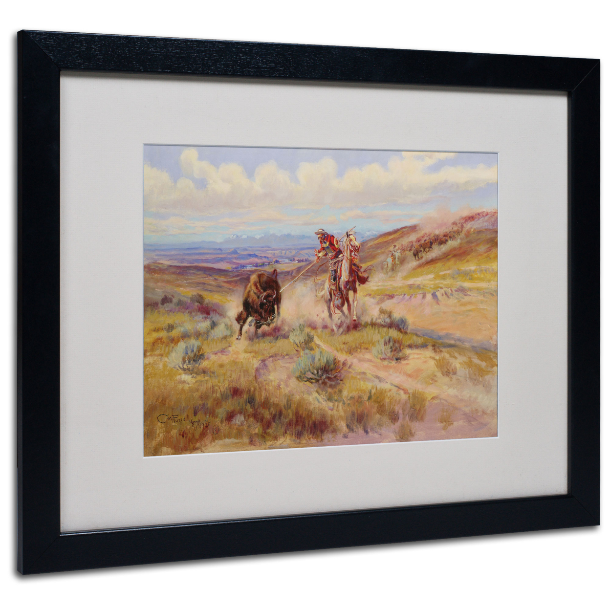 Charles Russell 'Spearing A Buffalo 1925' Black Wooden Framed Art 18 X 22 Inches