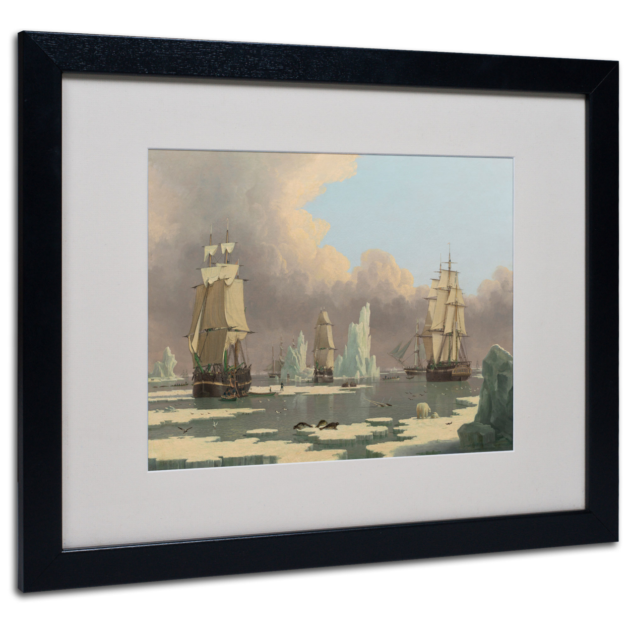 John Ward 'The Northern Whale Fishery' Black Wooden Framed Art 18 X 22 Inches
