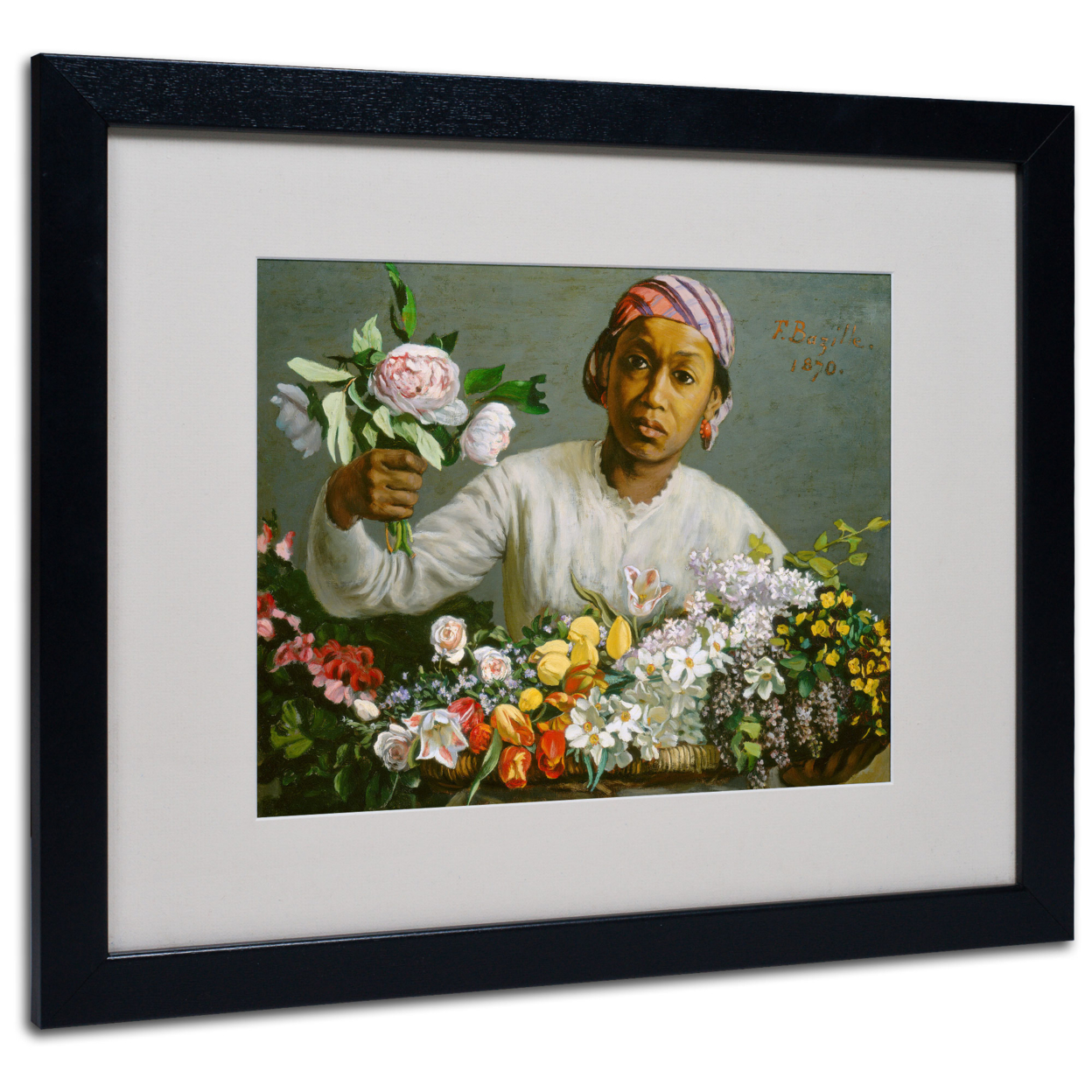 Jean Frederic Bazille 'Woman With Peonies' Black Wooden Framed Art 18 X 22 Inches