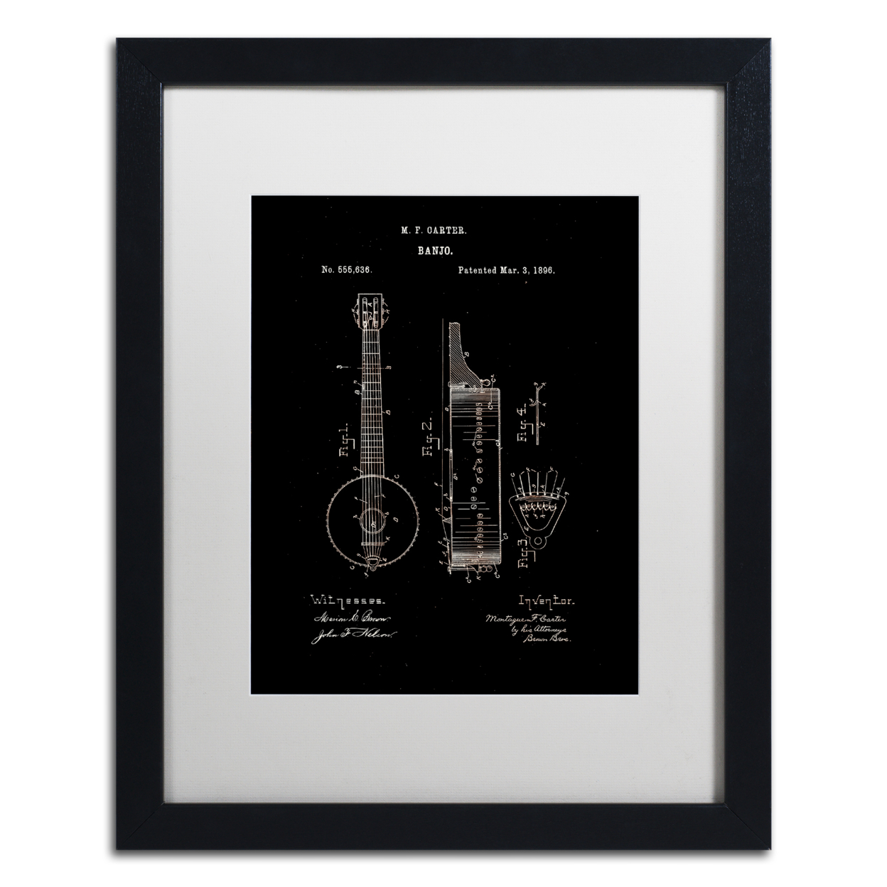 Claire Doherty 'Vintage Banjo Patent 1896 Black' Black Wooden Framed Art 18 X 22 Inches