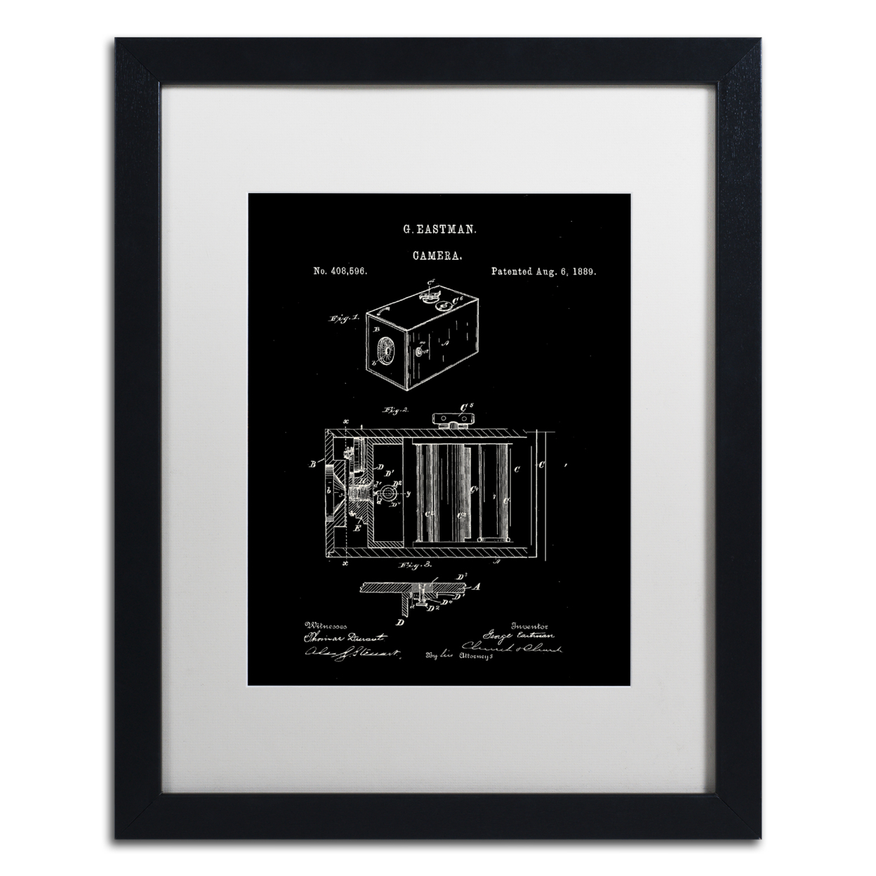 Claire Doherty 'George Eastman Camera Patent Black' Black Wooden Framed Art 18 X 22 Inches