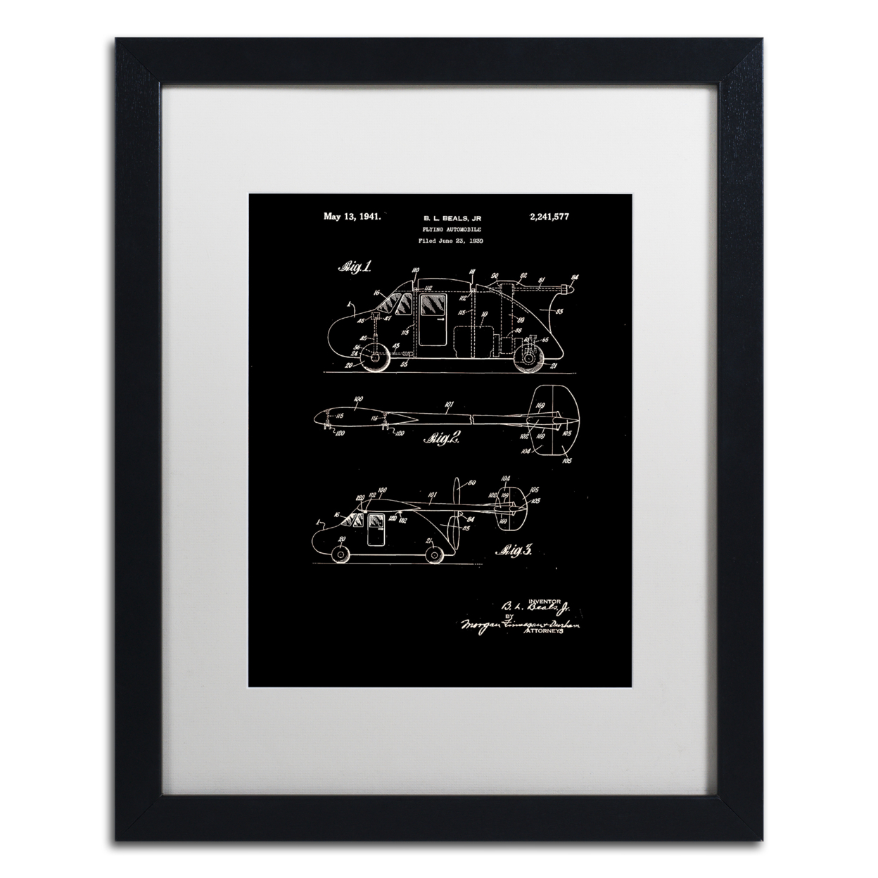 Claire Doherty 'Flying Car Patent 1941 Black' Black Wooden Framed Art 18 X 22 Inches