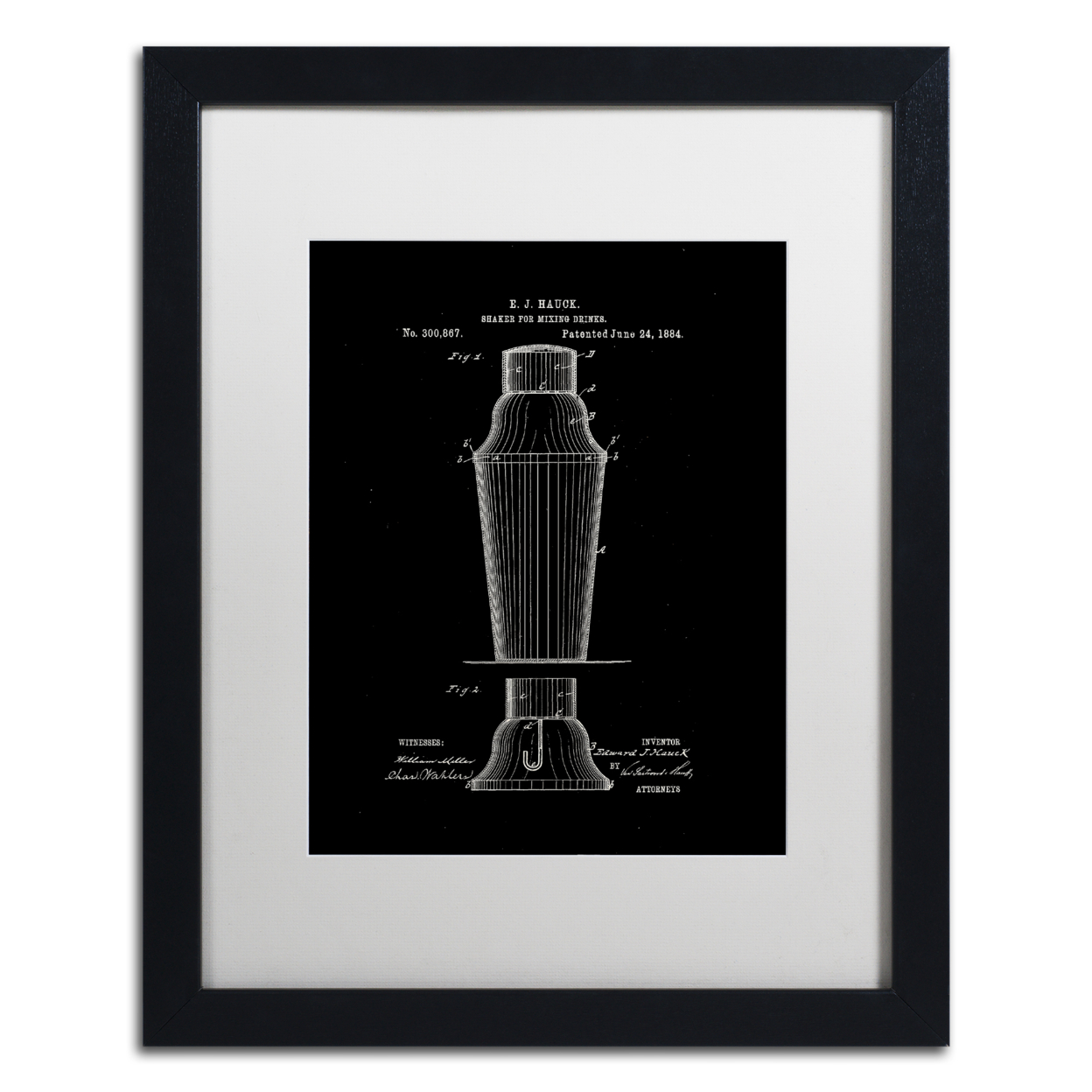 Claire Doherty 'Cocktail Shaker Patent 1884 Black' Black Wooden Framed Art 18 X 22 Inches