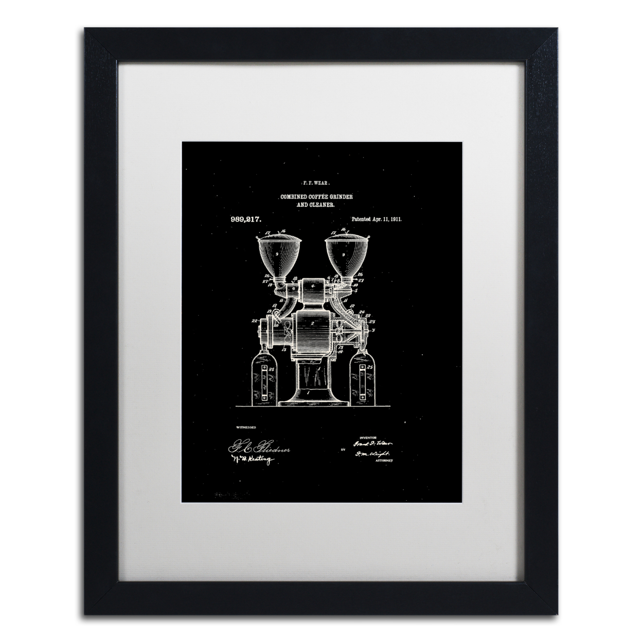 Claire Doherty 'Coffee Grinder Patent 1911 Black' Black Wooden Framed Art 18 X 22 Inches