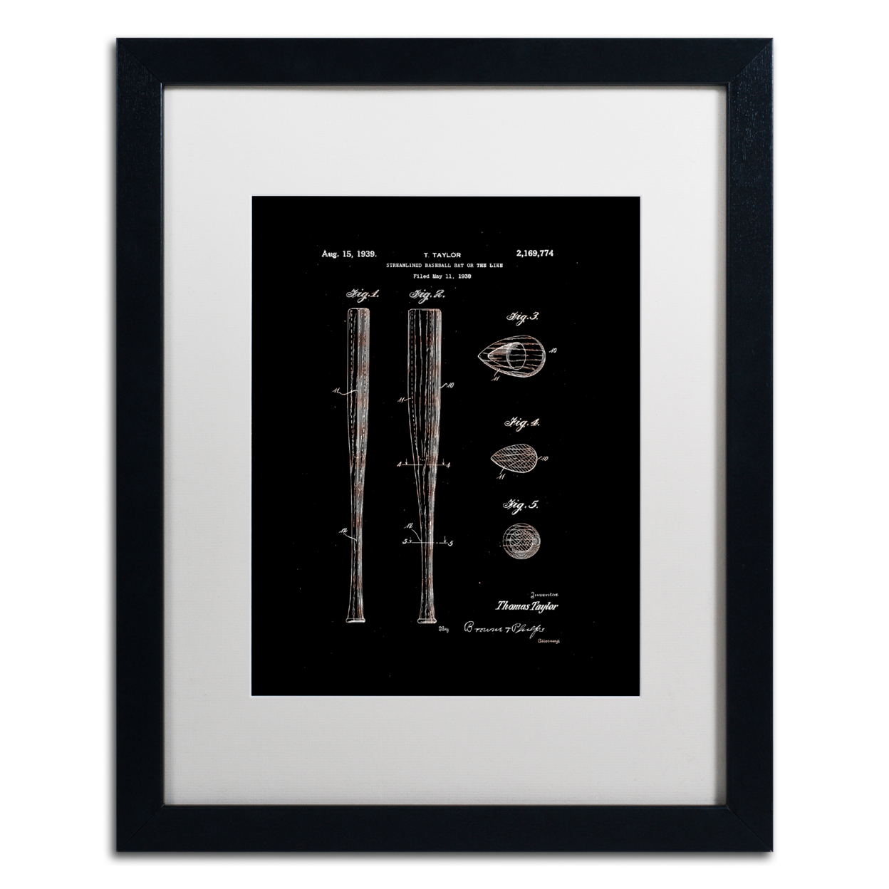 Claire Doherty 'Baseball Bat Patent 1939 Black' Black Wooden Framed Art 18 X 22 Inches