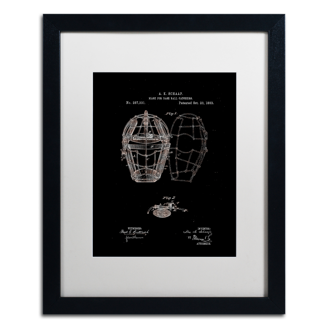 Claire Doherty 'Catcher's Mask Patent 1883 Black' Black Wooden Framed Art 18 X 22 Inches