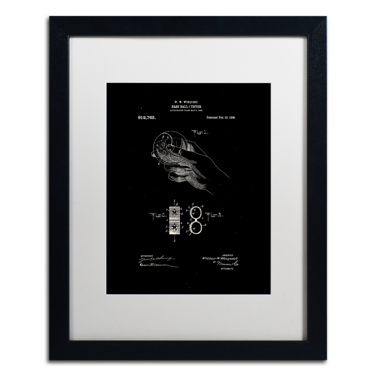 Claire Doherty 'Baseball Curver Patent 1909 Black' Black Wooden Framed Art 18 X 22 Inches