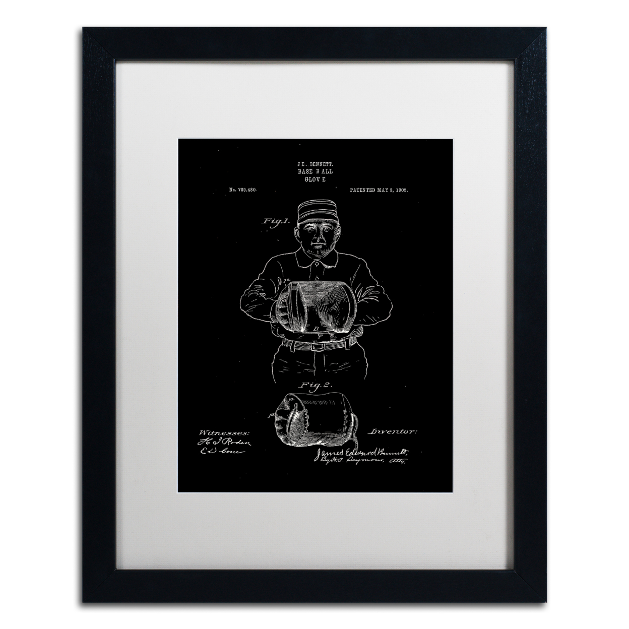 Claire Doherty 'Baseball Glove Patent 1905 Black' Black Wooden Framed Art 18 X 22 Inches