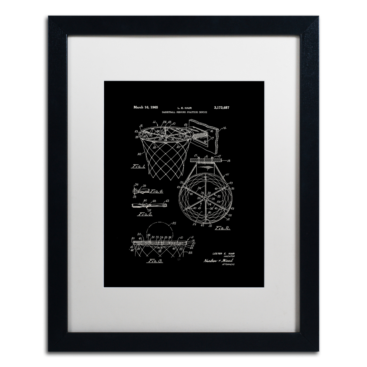 Claire Doherty 'Basketball Hoop Patent 1965 Black' Black Wooden Framed Art 18 X 22 Inches