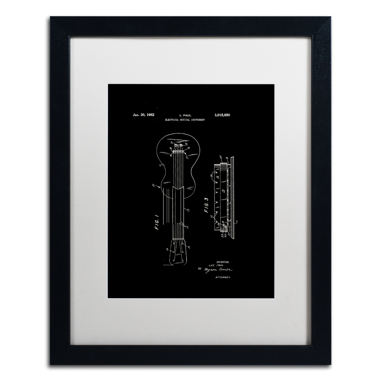 Claire Doherty 'Gibson Electric Guitar Patent Black' Black Wooden Framed Art 18 X 22 Inches