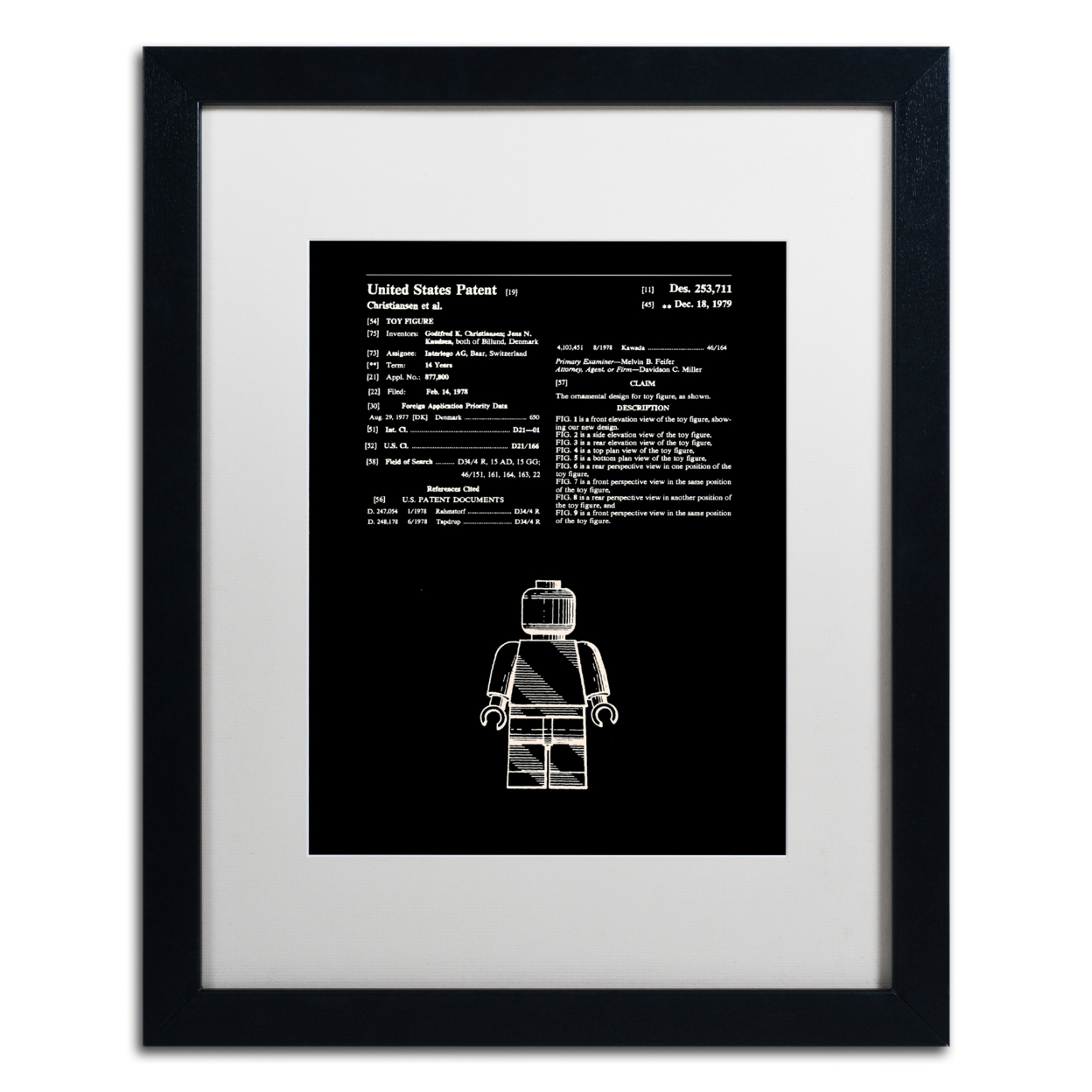 Claire Doherty 'Lego Man Patent 1979 Black' Black Wooden Framed Art 18 X 22 Inches