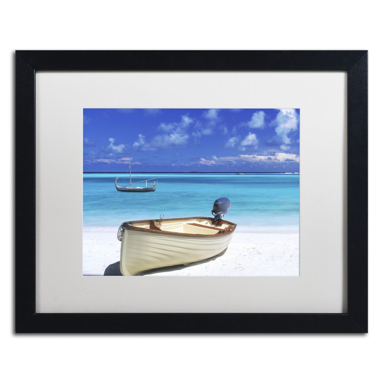 David Evans 'Boats-Gili Lankanfushi' Black Wooden Framed Art 18 X 22 Inches