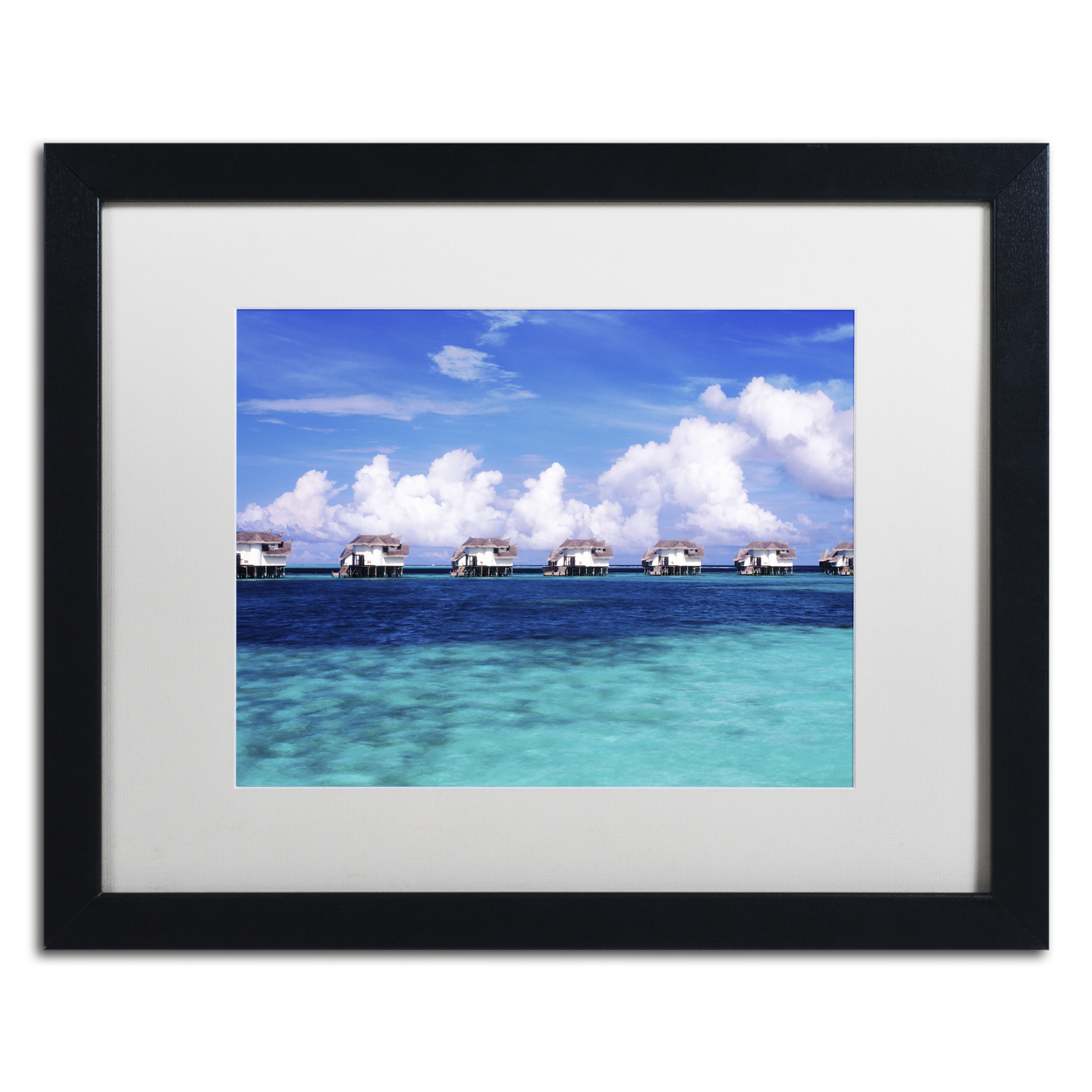 David Evans 'Blue Lagoon-Maldives' Black Wooden Framed Art 18 X 22 Inches