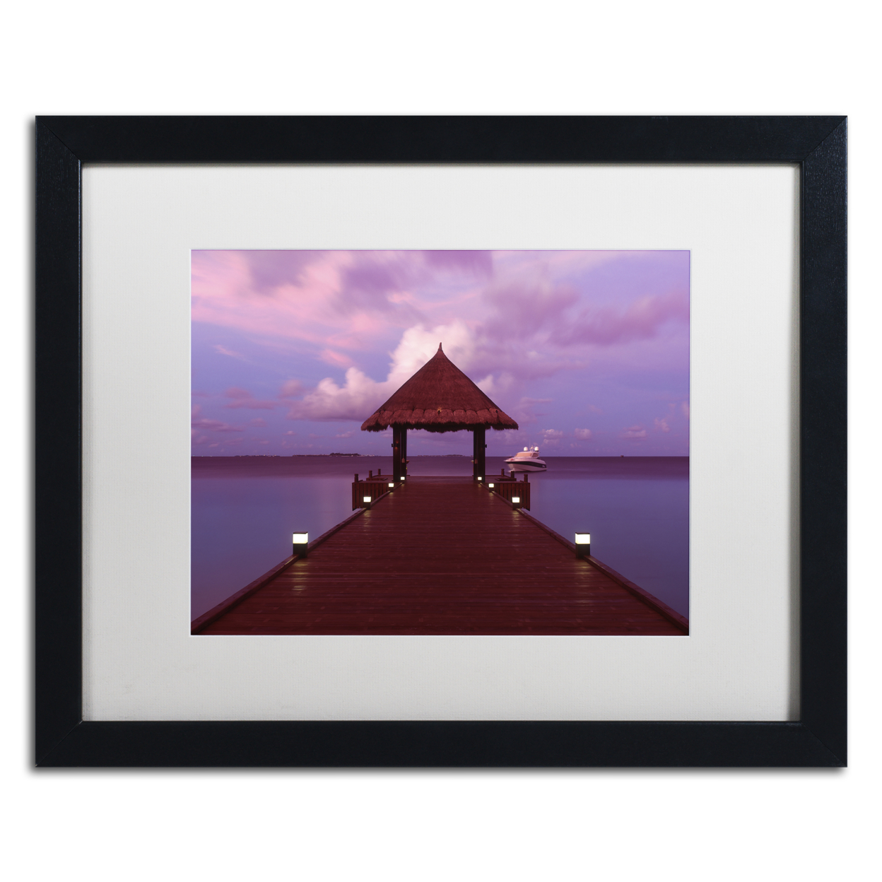 David Evans 'Crimson Twilight-Maldives' Black Wooden Framed Art 18 X 22 Inches