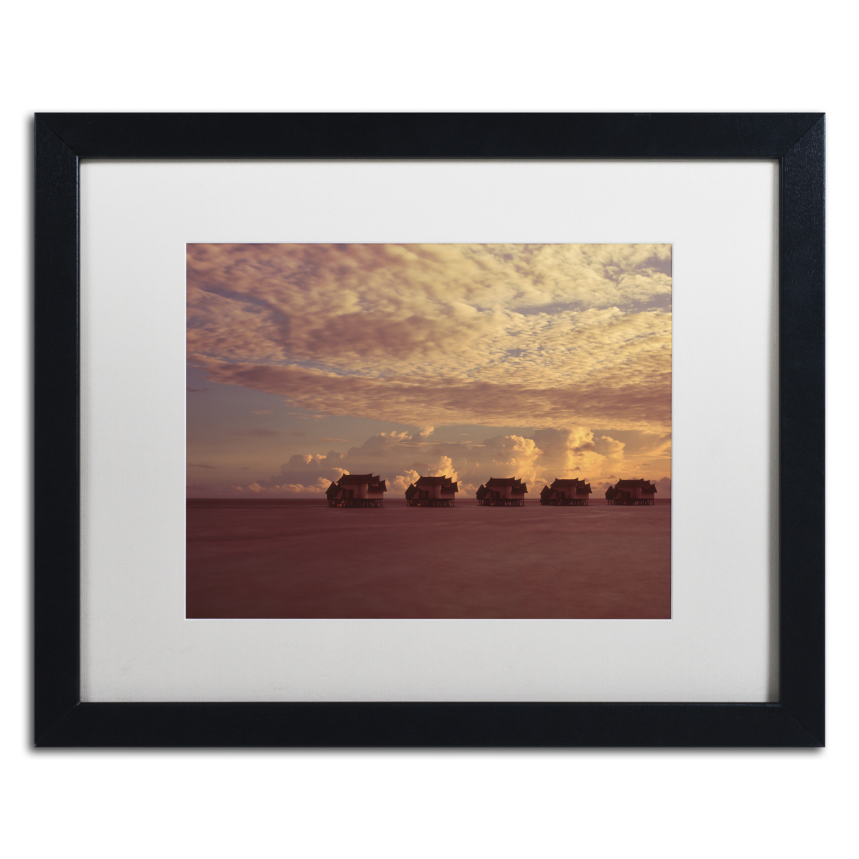 David Evans 'Sunset-Jumeirah Vittaveli' Black Wooden Framed Art 18 X 22 Inches