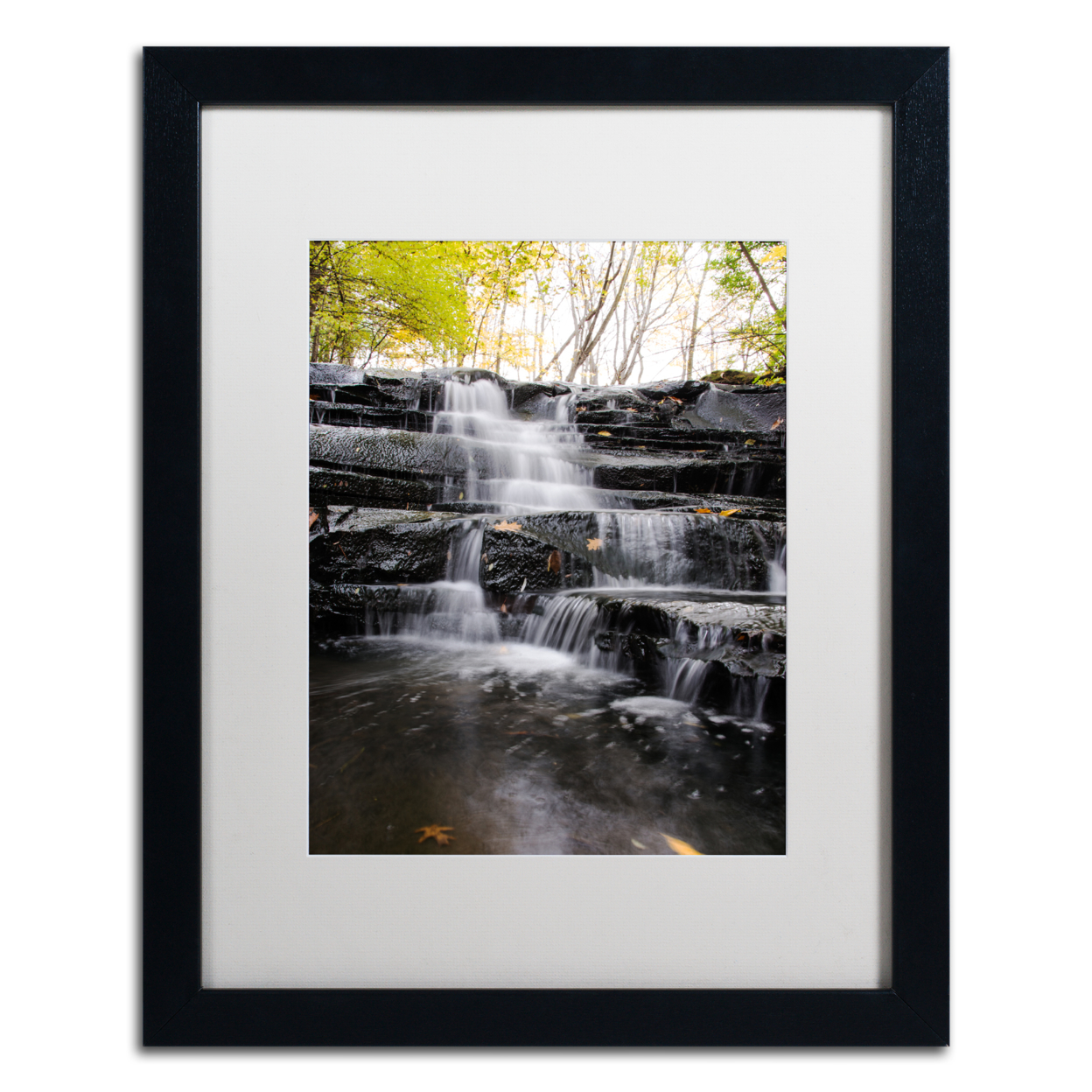 Kurt Shaffer 'Waterfall At Lake View' Black Wooden Framed Art 18 X 22 Inches