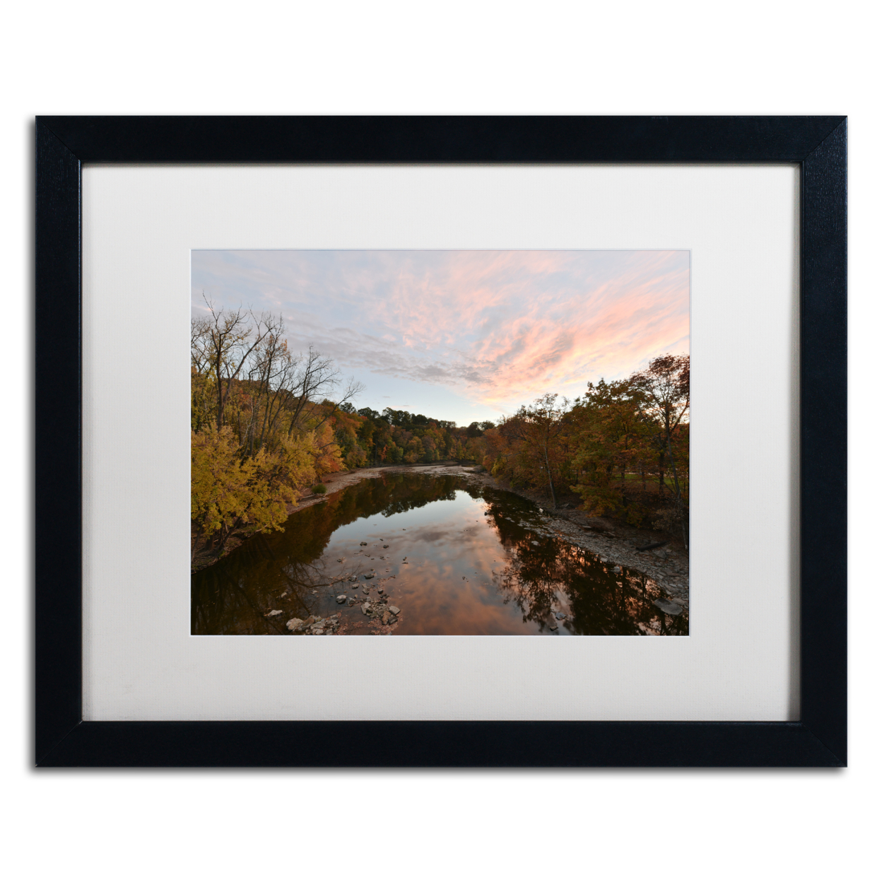 Kurt Shaffer 'Rocky River Autumn Sunset' Black Wooden Framed Art 18 X 22 Inches