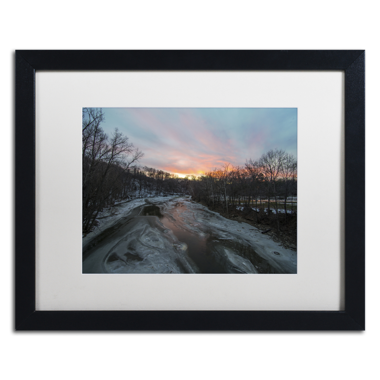 Kurt Shaffer 'Peaceful Winter Sunset' Black Wooden Framed Art 18 X 22 Inches