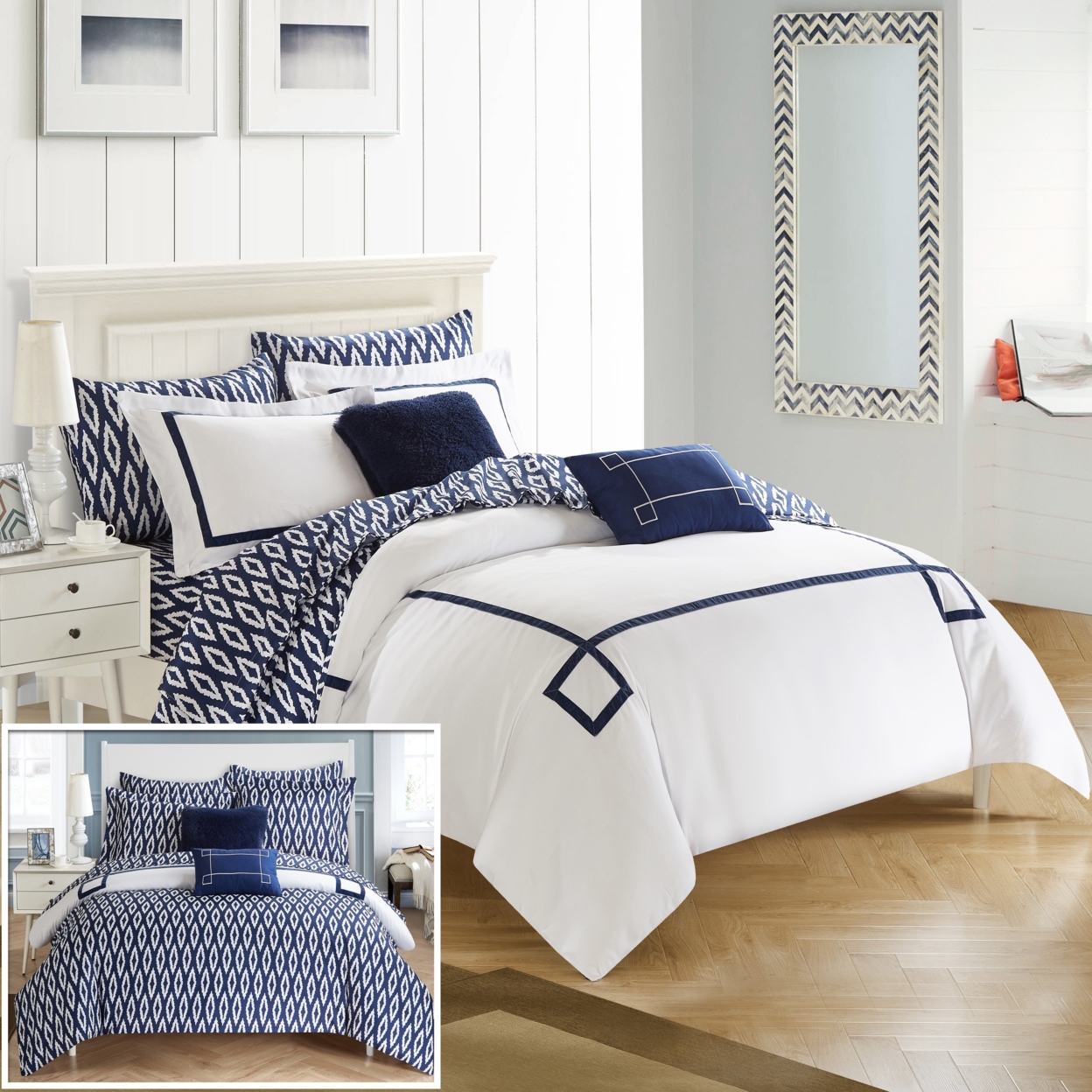 Chic Home 7/9 Piece Dawson Contemporary Greek Key Embroidered REVERSIBLE Bed In A Bag Comforter Set With Sheet Set - Navy, Queen