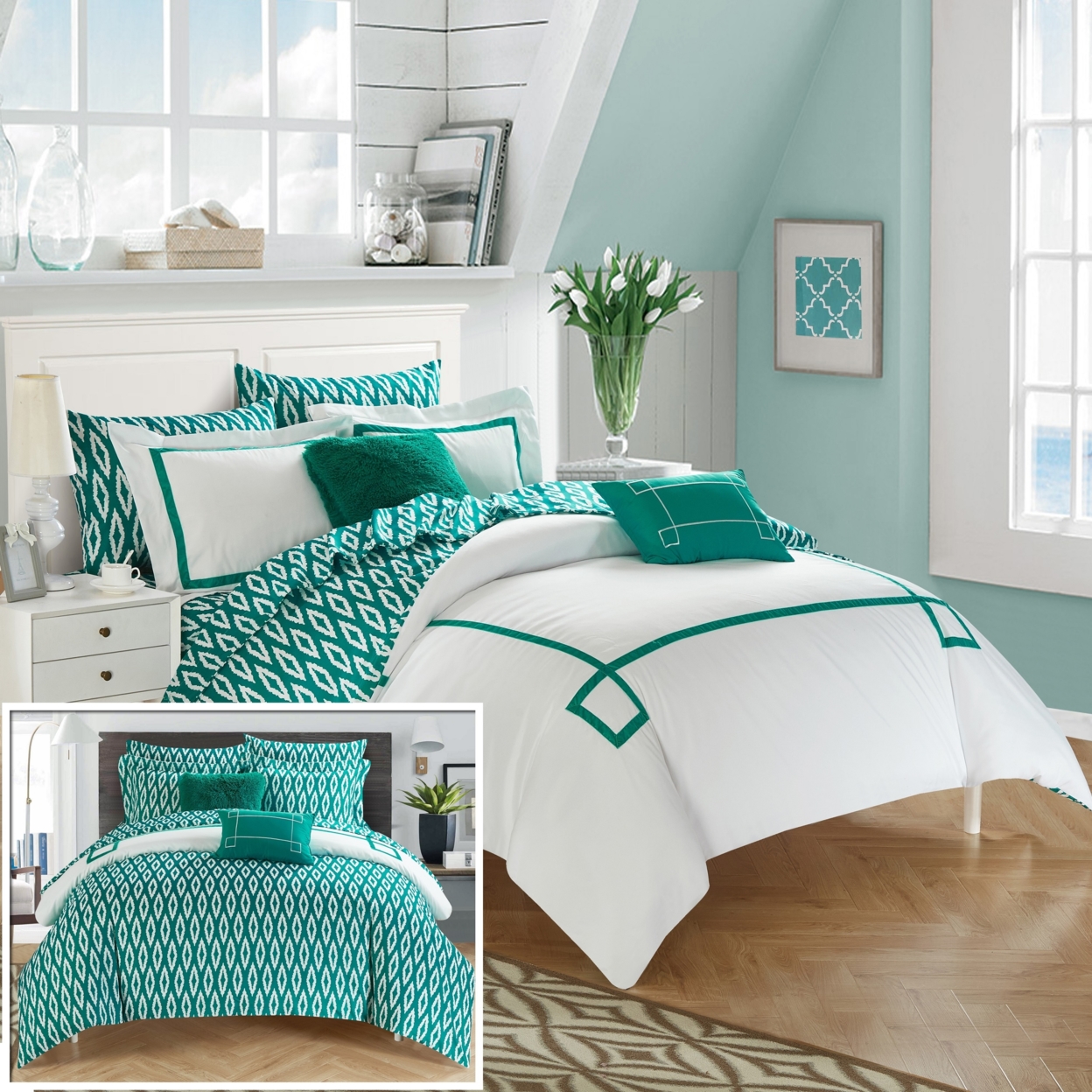 Chic Home 7/9 Piece Dawson Contemporary Greek Key Embroidered REVERSIBLE Bed In A Bag Comforter Set With Sheet Set - Aqua, Queen