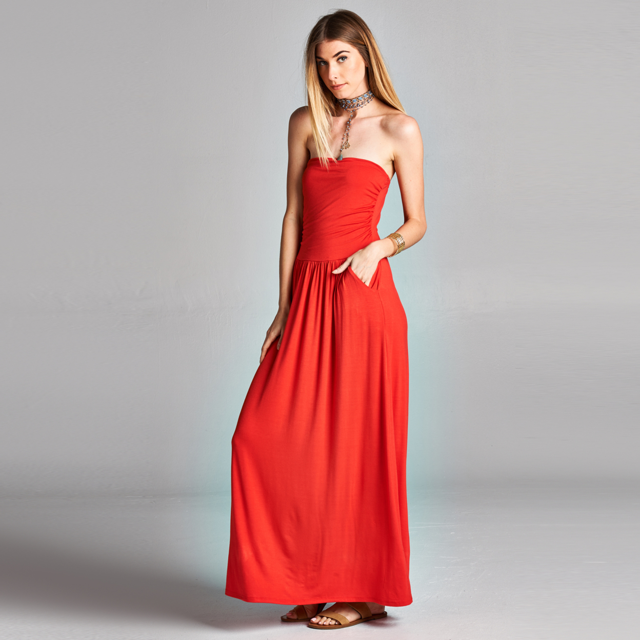 Atlantis Strapless Maxi Dress With Pockets In 6 Colors - Red, Small (4-6)